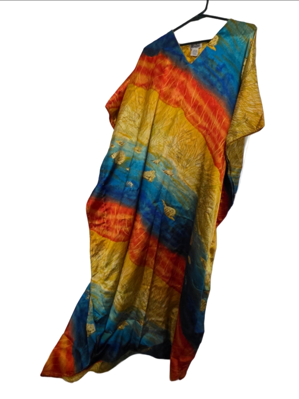 Women's Winlar Kaftan Dress One Size Blue Yellow Seashell Print silky trendy